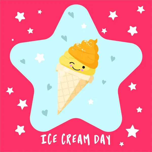 Greeting card. Happy sweets ice cream cone with eyes and smile. — Stock Vector