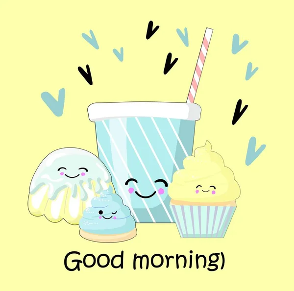 Cappuccino, Pudding und Cupcake auf hellgelbem Hintergrund. glückliches Lächeln und glückliche Augen. — Stockvektor