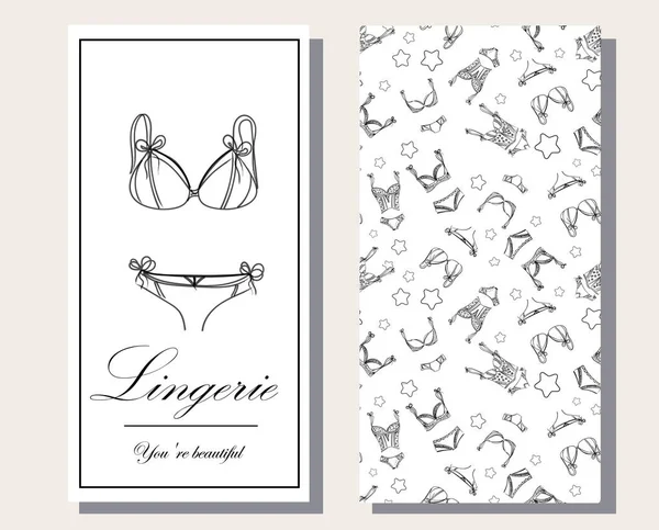 Logo y patrón sin costuras para la colección de lencería femenina de moda, boceto de ilustración vectorial. ESTILO DE MARCA de ropa interior de encaje para mujer, bragas, sostenes, corsés, cuerpos, ligas, medias largas, pijamas,. — Archivo Imágenes Vectoriales