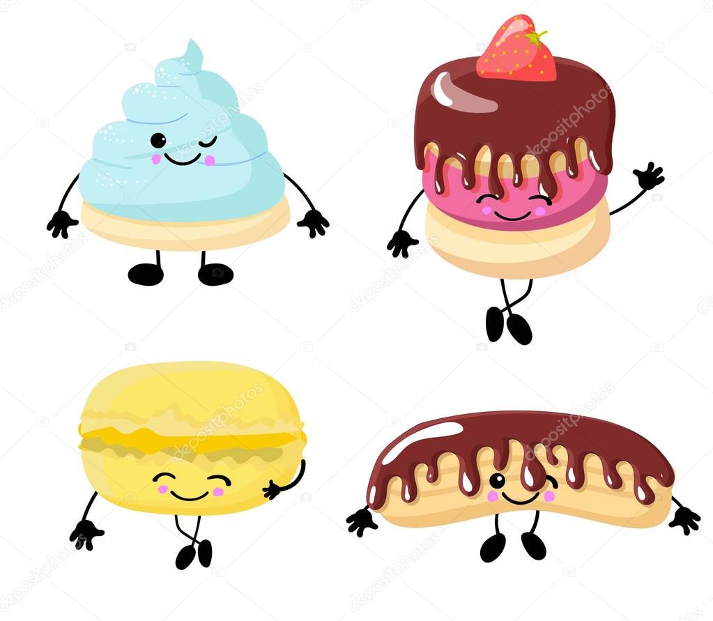 Set of kawaii sweet food - sweets or desserts on white background, cute characters for print, cards. Donut, cake, bun, candy, are smiling. Vector flat illustration.