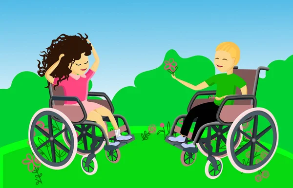 Pojke och flicka i naturen. Funktionshindrade barn i rullstol. — Stock vektor