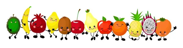Satu set buah lucu. Ilustrasi dengan karakter lucu. Cinta dan hati. Makanan lucu. waktu segar. Jeruk, apel, semangka, kiwi, wortel, pir, nanas .. - Stok Vektor