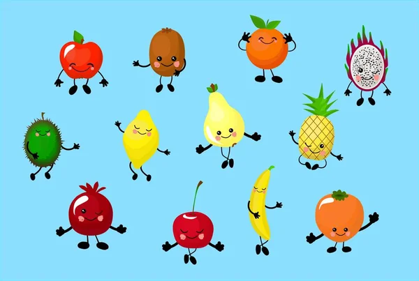 Set gambar berwarna-warni buah kawaii yang lucu - pir, pisang, lemon, apel, nanas, oranye, kesemek. Elemen terisolasi pada latar belakang putih, gaya datar. Karakter lucu untuk anak-anak, vektor ilustrasi - Stok Vektor
