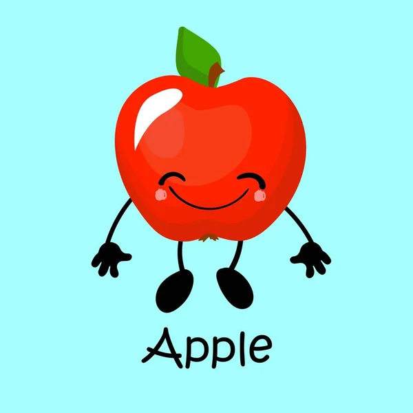 Fruta manzana Carácter con cara y sonrisa. Tarjeta para enseñar a los niños. Alimento sano y saludable . — Vector de stock