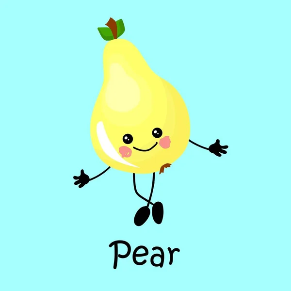 Frukt päron karaktär med ansikte och leende. Kort för undervisning av barn. Hälsosam och hälsosam mat. — Stock vektor