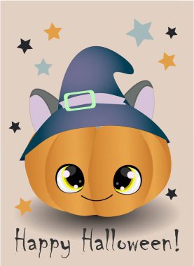 Düz stil tasarım vektör illüstrasyon karanlık arka plan üzerinde izole ayakta kabak yüz ifadesi grimace ile Mutlu halloween poster. Mutlu Cadılar Bayramı Metin.