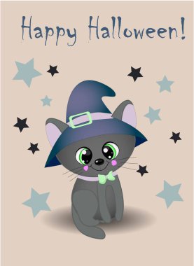 Mutlu Cadılar Bayramı harfleri ve sihirli şapkalı siyah kedi. . Ürkütücü web sitesi, arka plan veya afiş Halloween şablonu. Vektör illüstrasyon Eps10..