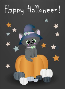 Cadılar Bayramı Sihir gecesi kutlu olsun. Kedi ve kabak ile tebrik kartı..