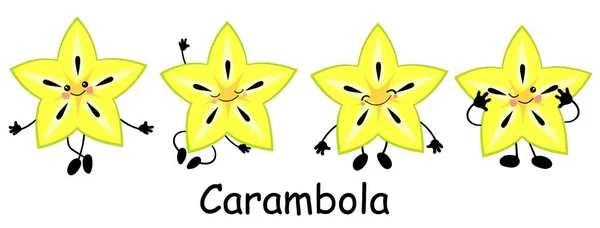 Carambola tropisch karakter. het leren van fruit. Het gehalte aan vitaminen. Gezonde voeding. Grappige Comic plantaardige set. — Stockvector
