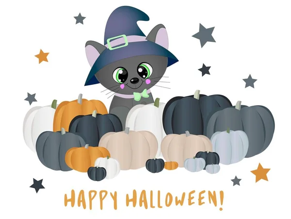 Feliz noche mágica de Halloween. Tarjeta de felicitación con gato y calabazas .. — Archivo Imágenes Vectoriales