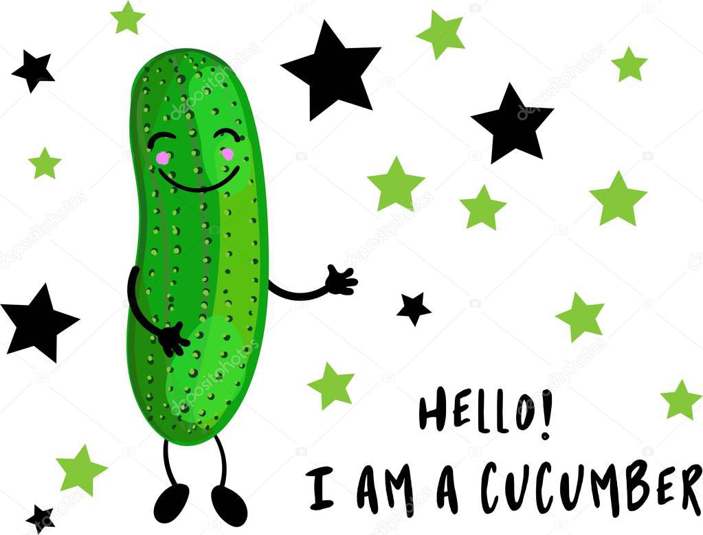 Green cucumber character with arms and legs on a white background. Smiles and eyes on their faces. Funny vegetables.