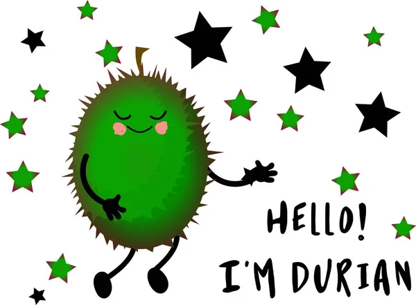 Schattig Durian. Hallo, ik ben een vrucht. Wenskaart of poster voor het leren van kinderen, afdrukken op kleding of keukengerei. Karakter met een gezicht en een glimlach. Goede voeding. Gezond ontbijt. — Stockvector