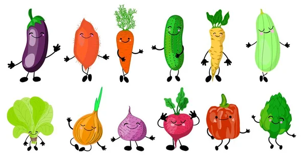 Sada různých roztomilých šťastných zeleninových postav. Vektorové ploché ilustrace izolované na bílém pozadí. — Stockový vektor