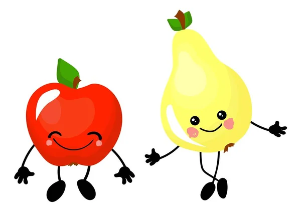 Pomme et poire. Fruit personnages drôles pour éduquer les enfants. La carte est belle et lumineuse. Aliments sains .. — Image vectorielle