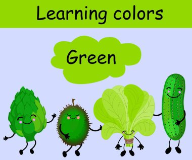 Enginar, salatalık, ıspanak ve durian. Meyve ve sebzeler bütün renginde. Çocuklar için kart. Renkleri öğrenin. Karakterler komik ve sevimli. Gözleri ve gülümsemeleri ile Meyve. Sağlıklı gıda.