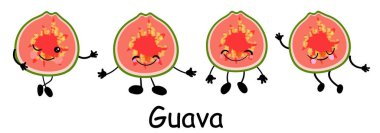 Guava pembe bir arka plan üzerinde. Farklı pozlar seti güzel sevimli meyve karakteri.