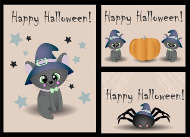 Vektör cadılar bayramı sembolleri ve kaligrafi ile altı karikatür tarzı Halloween poster tasarımları ayarlayın. Komik cadılar bayramı kartı. Satış tasarımı..
