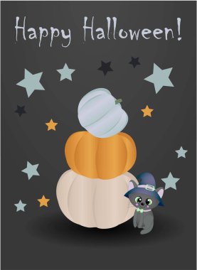 Cadılar Bayramı geçmişi, balkabakları. Parti ve satış için tebrik kartı. Sonbahar tatilleri. Vektör illüstrasyon Eps10..