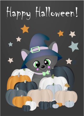 Cadılar Bayramı Sihir gecesi kutlu olsun. Kedi ve kabak ile tebrik kartı..