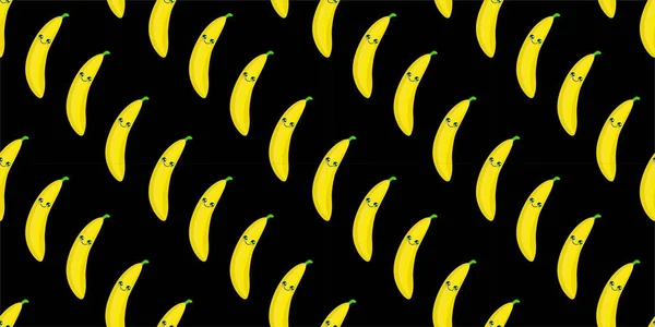 รูปแบบ SEAMLESS กล้วยผลไม้แปลกใหม่, หน้าตลกน่ารักตัวละคร. สิ่งทอในครัวหรือกระดาษห่อ . — ภาพเวกเตอร์สต็อก