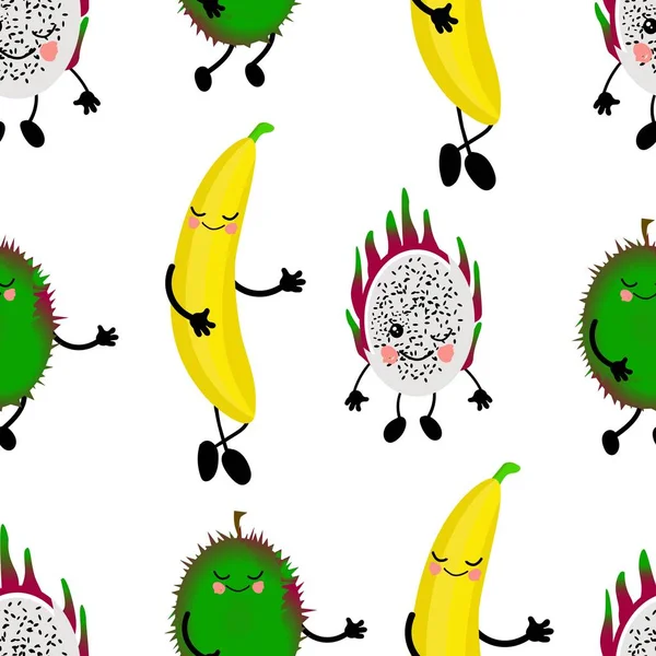 Bezešvé vzor exotické ovoce banán durian ovoce třešeň červená Legrační roztomilé tváře charakter. Textilní nebo balicí papír do kuchyně. — Stockový vektor