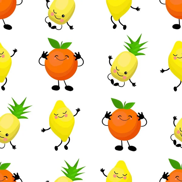 Naadloze patroon exotische vruchten banaan, oranje, ananas Durian fruit Cherry Red grappig schattig gezichten karakter. Keuken textiel of inpakpapier. — Stockvector