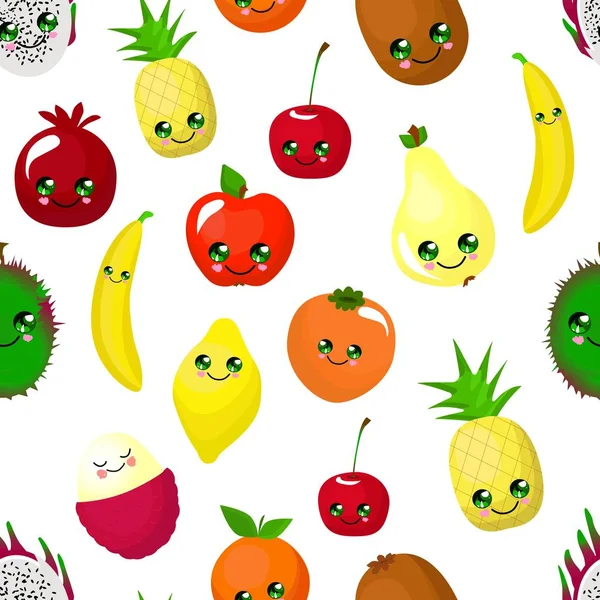 Naadloos fruit patroon appel, peer, persimmon, Pitaya en Durian. Sinaasappel en banaan. Grappig schattig gezichten karakter.. — Stockvector