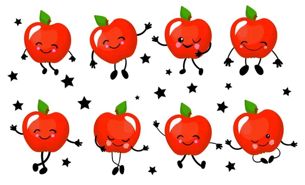 La pomme est rouge. caractère est gai avec les bras et les jambes. Ensemble de fruits sur fond blanc .. — Image vectorielle