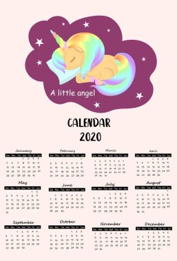 Doodle pastel takvim 2020 tek boynuzlu at, gökkuşağı, çocuklar için bulut ile. Yazdırılabilir grafik için kullanılabilir.