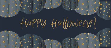 cadılar bayramı için yatay tebrik kartı. Koyu bir arka plan üzerinde Altın kabaklar..