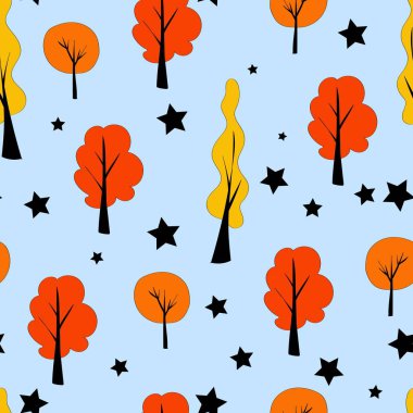 İskandinav tarzında dikişsiz desen. Mavi arka plandaki ağaçlar. Çocuk stili.
