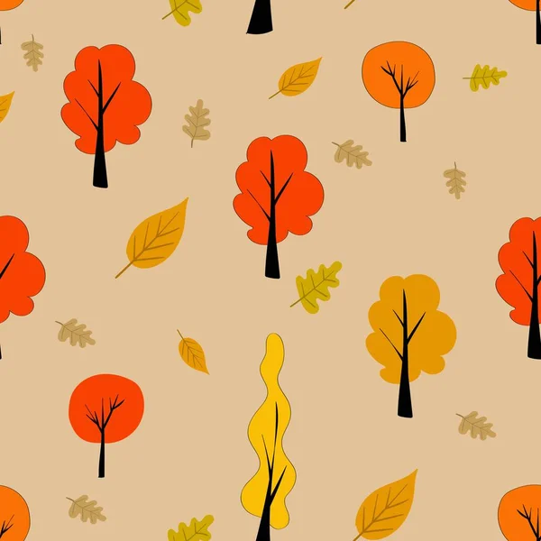 Autumn seamless pattern with yellow and orange trees and leaves. Latar belakang warna krem terang. Pola gaya Skandinavia .. - Stok Vektor