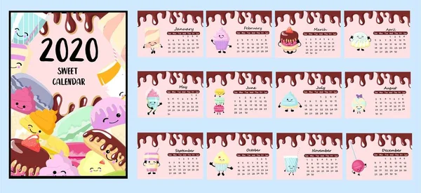 Календар 2020 року діти. Десерти та цукерки. милі персонажі. Афіша для дитячої кімнати .. — стоковий вектор