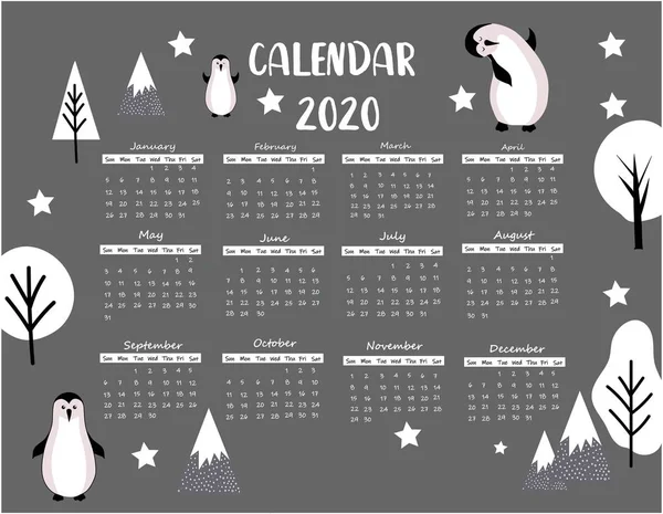 Calendrier des animaux 2020 pour enfants avec pingouins et arbres. Style scandinave pour les enfants. Peut être utilisé pour imprimer des graphiques. Élément modifiable . — Image vectorielle