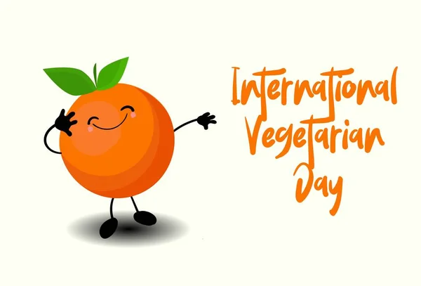 Postal para el día del vegetarianismo. Día del Vegano. Comida saludable. Carácter frutal. Naranja fresca divertida . — Archivo Imágenes Vectoriales