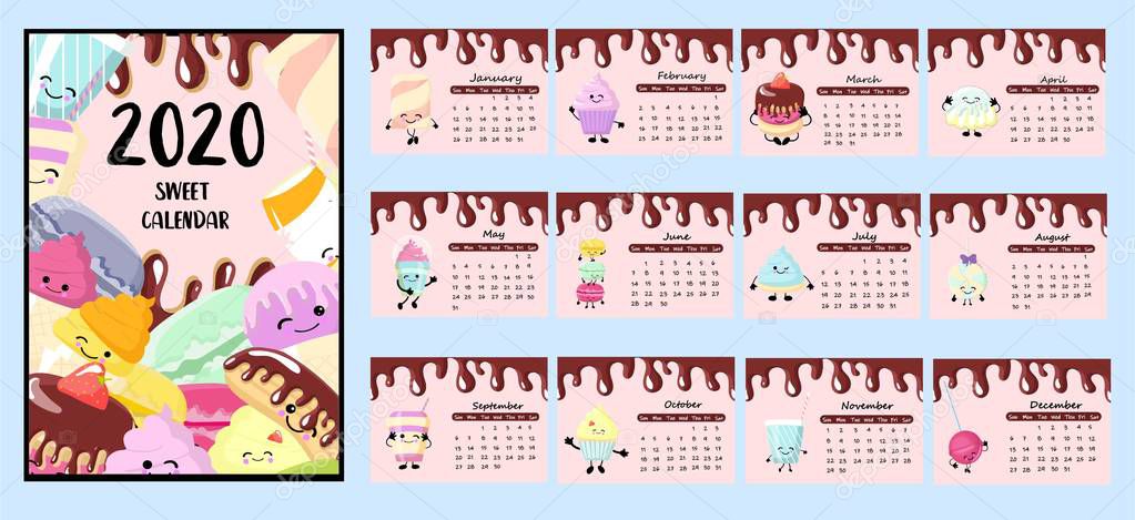 Calendar 2020. children. Desserts and sweets. cute characters. Poster for the kids room..