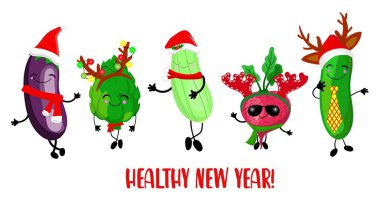 Cartoon vegetables in a New Year's suit. Deer horns, santa claus hat. Greeting card on a white background.. clipart