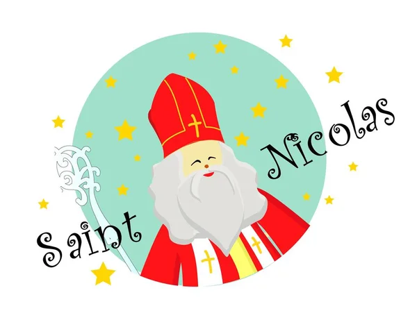 Joyeuses Saint Nicolas, Happy Saint Nicolas dalam bahasa Perancis terisolasi di latar belakang putih . - Stok Vektor