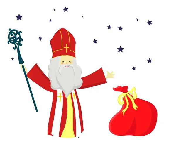 Leuke wenskaart met Sinterklaas met mijter, pastorale medewerkers en dalende sneeuw. Europese winter traditie. De tekst van de hand-gehonoreerd. Plat ontwerp, vectorillustratie. — Stockvector