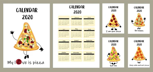 Calendario 2020. Diseño infantil. Pizza fondo blanco. Personaje de dibujos animados. Planificador, organizador o semanalmente para un niño. Listo para imprimir. La semana comienza el domingo .. — Vector de stock
