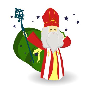 Gönye, pastoral personel ve düşen kar ile şirin tebrik kartı ile Aziz Nicholas'ım. Avrupa kış geleneği. El-Aydın metin. Düz tasarım, vektör çizim.