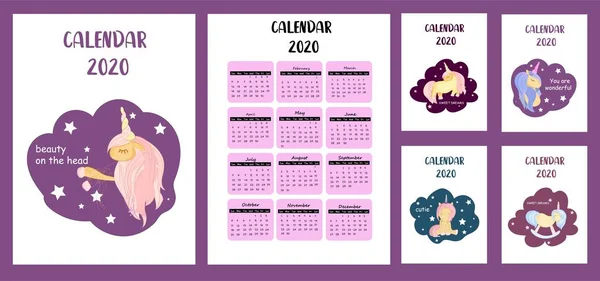 Calendrier de poche 2020. Le style des enfants. Pour les filles. Licornes fond blanc. Différentes couvertures. Semaine commence à partir de dimanche . — Image vectorielle