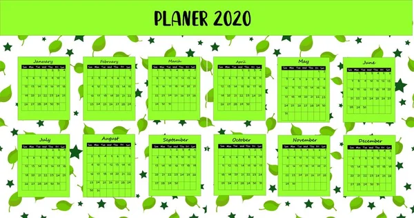 Planner 2020. Bright colours. Green light green color. A place to record. The calendar — Stock Vector