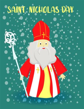 Aziz Nicolas günü. Mavi arka planda sürprizler olan çanta. Aralık. Tatlılar ve hediyeler günü. Felemenkçe'den çeviri: Happy St. Nicholas Day