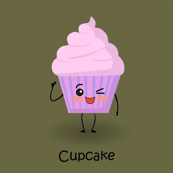 Χαριτωμένο κέικ καρτούν χαρακτήρα μάφιν ή κεκάκι με τα μάτια και ένα χαμόγελο. Σκούρο φόντο — Διανυσματικό Αρχείο