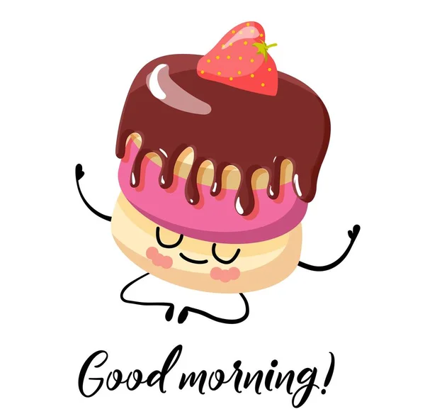 Bună dimineaţa. Carte poştală. Prăjitură cu ciocolată. Personaj drăguț de desene animate pe un fundal alb .. — Vector de stoc