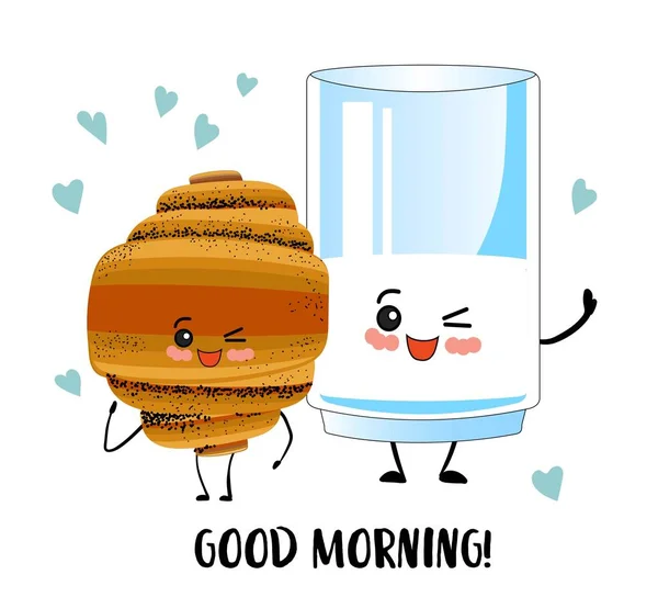 Bom dia. Um copo de leite e um croissant. Pequeno-almoço de super-herói. Personagens de desenhos animados bonitos em um fundo branco .. — Vetor de Stock