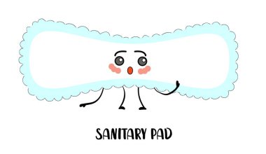 Regl için hijyenik ped. Kızlar için bir karakter. Beyaz arka plan. Sevimli illüstrasyon.