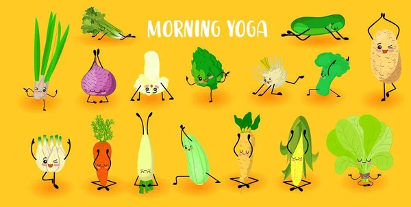 Yoga groenten. Een gezonde levensstijl. Sport en vegetarisme. Grote verzameling groentetekens. — Stockvector