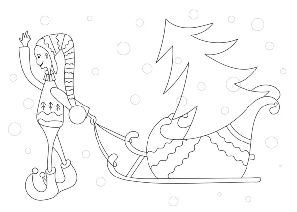 Kleurboek voor kinderen printen online. Nieuwjaarsthema. Kabouter-kerstboom. Lineaire zwart-wit tekening.. — Stockvector